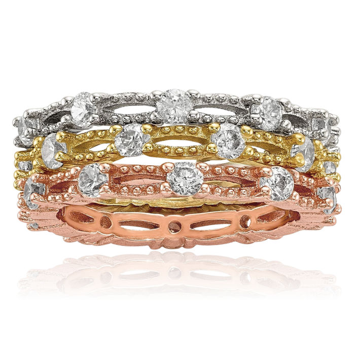 925 Sterling Silver White Yellow Rose Tone Set of 3 Cubic Zirconia CZ Eternity Rings