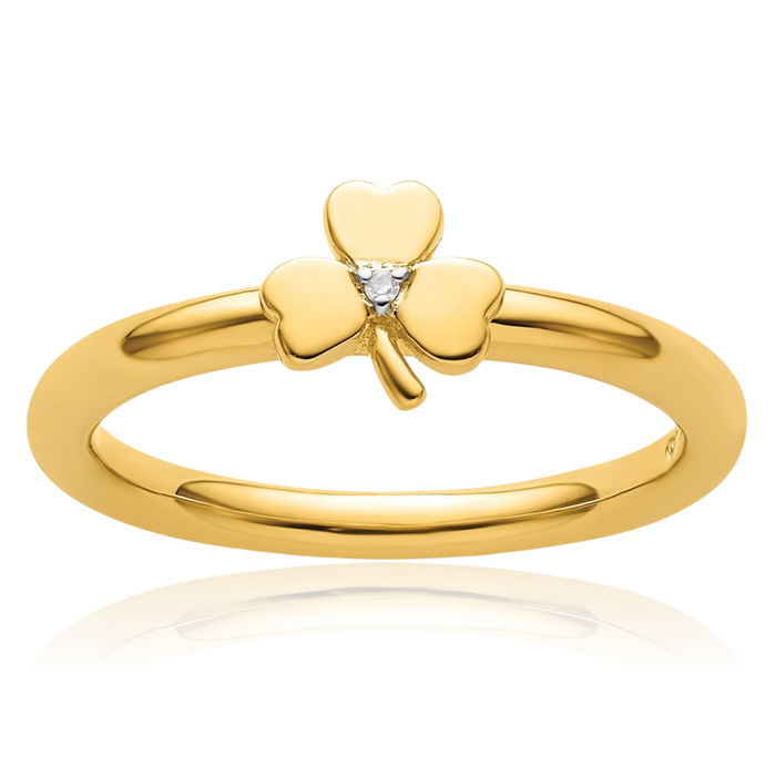 925 Sterling Silver Yellow Diamond Lucky Clover Shamrock Flower Leaf Stacking Ring