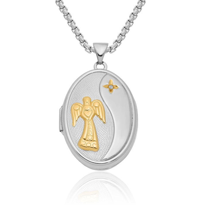 925 Sterling Silver Yellow Diamond God Bless Guardian Angel Wings Family Personalized Photo Locket Necklace Picture Pendant Charm