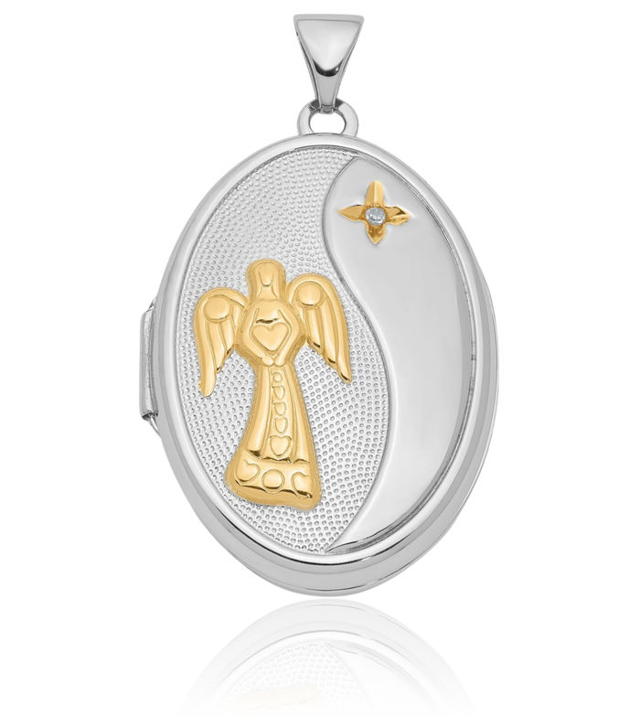 925 Sterling Silver Yellow Diamond God Bless Guardian Angel Wings Family Personalized Photo Locket Necklace Picture Pendant Charm