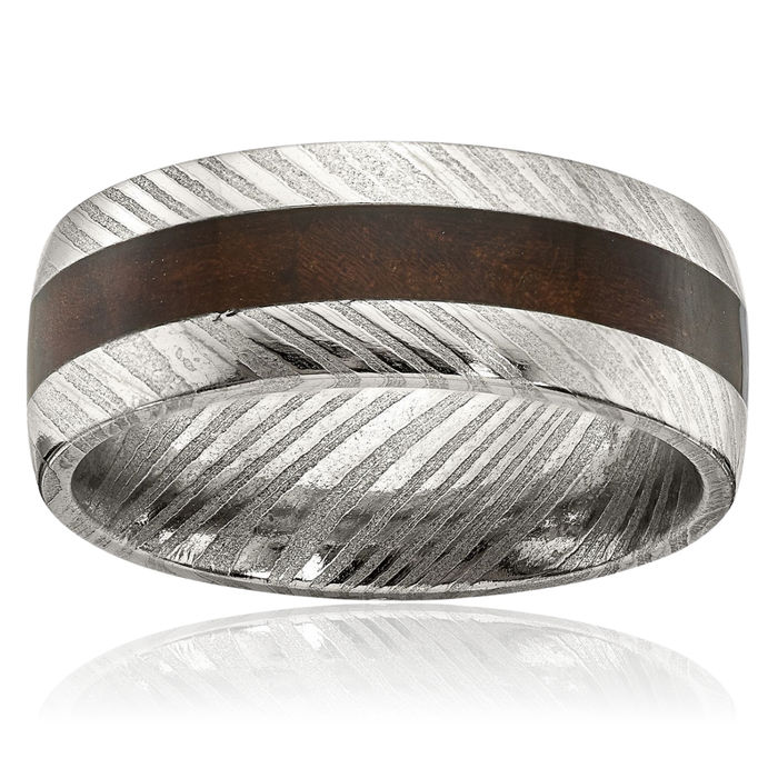 Damascus Steel Ebony Wood 8mm Wedding Band Ring
