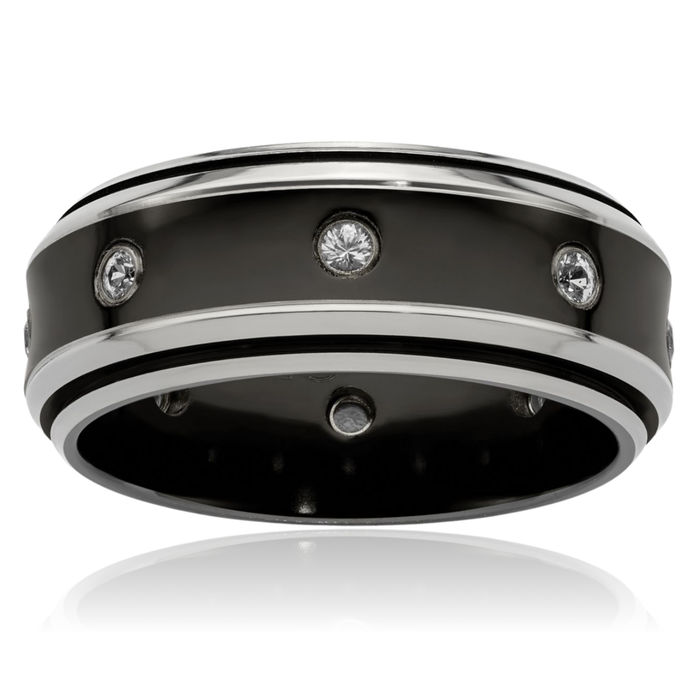 Black Titanium White Sapphire 925 Sterling Silver 9mm Wedding Band Ring