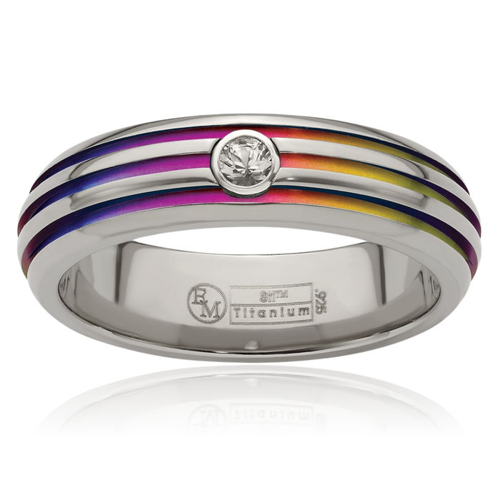 Titanium Rainbow Multi-color Triple Groove White Sapphire 6mm Wedding Band Ring