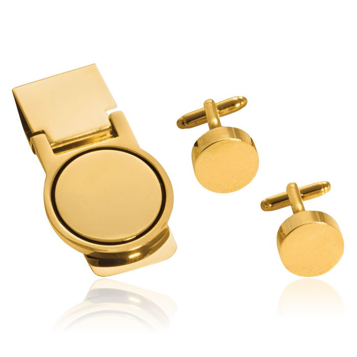 Gold Circular Engraved Personalized Cuff Link Money Clip for Men Set