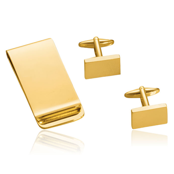 Gold Rectangular Engraved Personalized Cuff Link Money Clip for Men Set