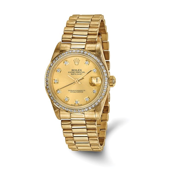 Pre Owned Rolex 18K Solid Yellow Gold 31mm Case Presidential Champagne Diamond Dial Watch