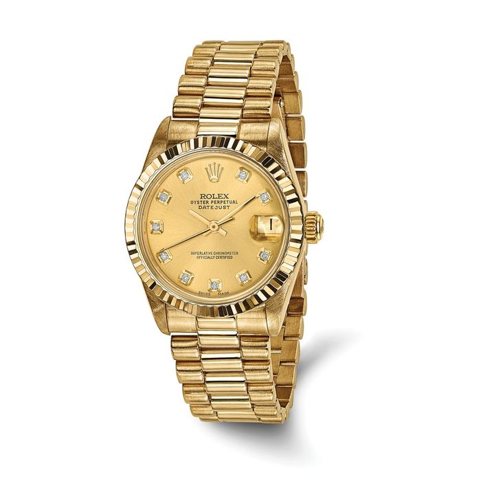 Pre Owned Rolex 18K Solid Yellow Gold 31mm Case Presidential Champagne Diamond Dial Watch