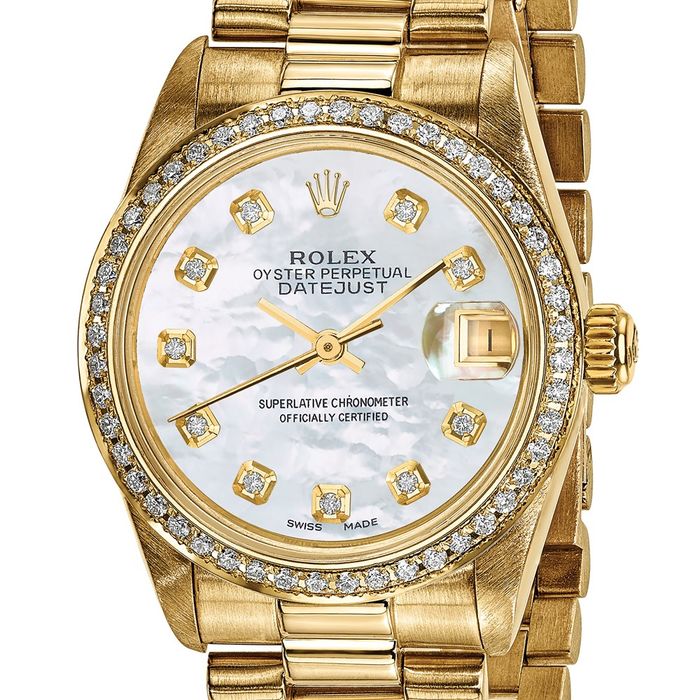 Pre Owned Rolex 18K Solid Yellow Gold 31mm Case Presidential Mother of Pearl Diamond Dial Watch