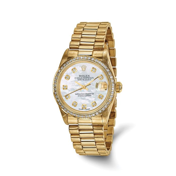 Pre Owned Rolex 18K Solid Yellow Gold 31mm Case Presidential Mother of Pearl Diamond Dial Watch