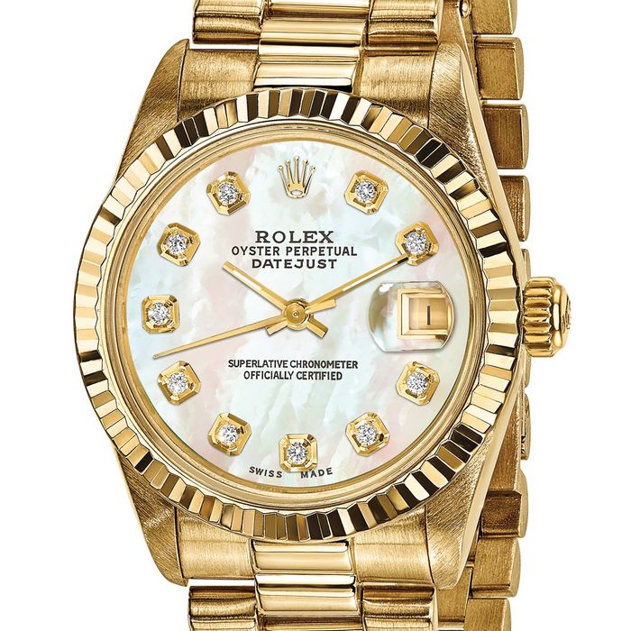 Pre Owned Rolex 18K Solid Yellow Gold 31mm Case Presidential Mother of Pearl Diamond Dial Watch