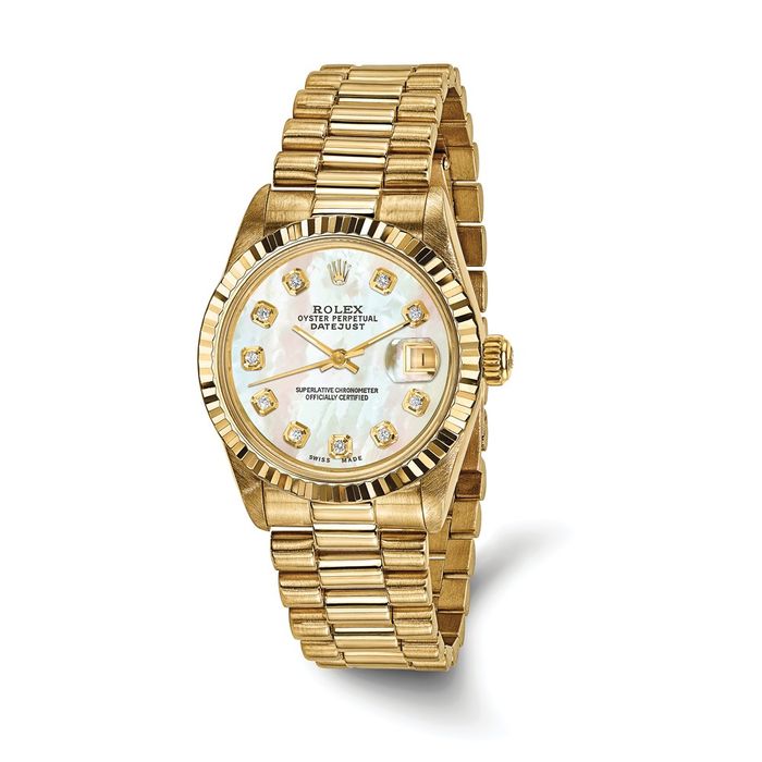 Pre Owned Rolex 18K Solid Yellow Gold 31mm Case Presidential Mother of Pearl Diamond Dial Watch