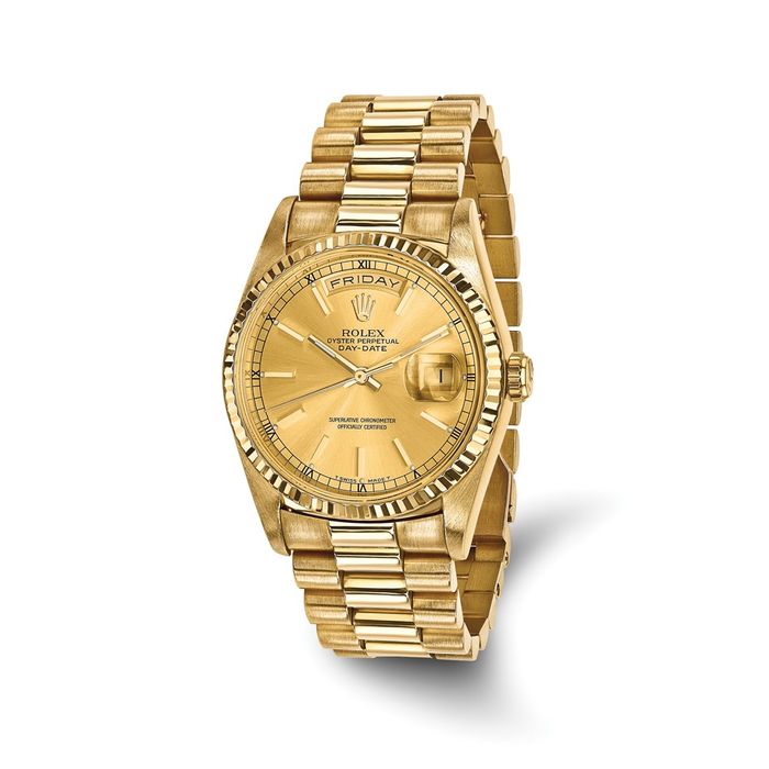 Pre Owned Rolex 18K Solid Yellow Gold 36mm Case Single Quickset Presidential Champagne Dial Watch