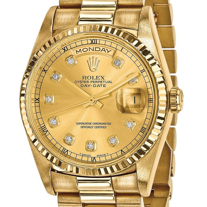 Pre Owned Rolex 18K Solid Yellow Gold 36mm Case Single Quickset Presidential Champagne Diamond Dial Watch