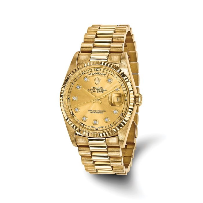 Pre Owned Rolex 18K Solid Yellow Gold 36mm Case Single Quickset Presidential Champagne Diamond Dial Watch