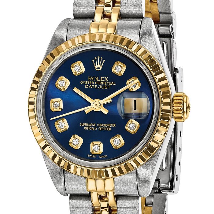 Pre Owned Rolex Steel 18K 26mm Jubilee Datejust Blue Diamond Dial Fluted Watch