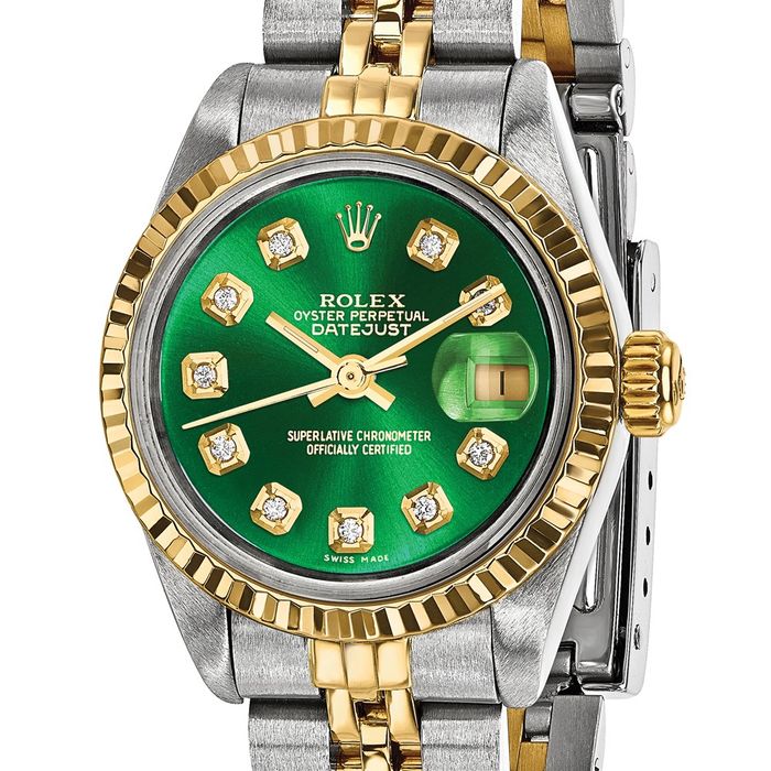 Pre Owned Rolex Steel 18K 26mm Jubilee Datejust Green Diamond Dial Fluted Watch