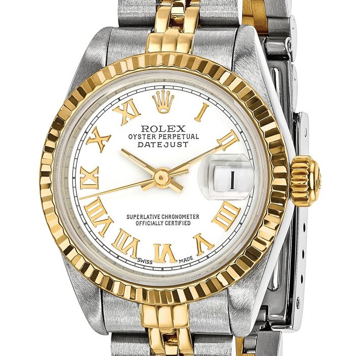 Pre Owned Rolex Steel 18K 26mm Jubilee Datejust White Dial Fluted Watch