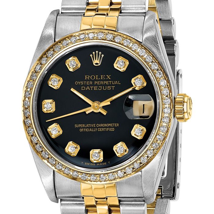 Pre Owned Rolex Steel 18K 31mm Jubilee Datejust Black Diamond Dial Watch