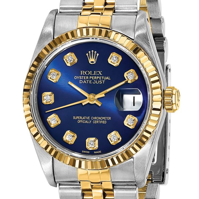 Pre Owned Rolex Steel 18K 31mm Jubilee Datejust Blue Diamond Dial Fluted Watch