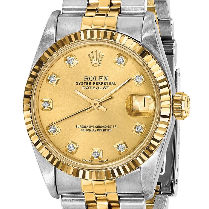 Pre Owned Rolex Steel 18K 31mm Jubilee Datejust Champagne Diamond Dial Fluted Watch