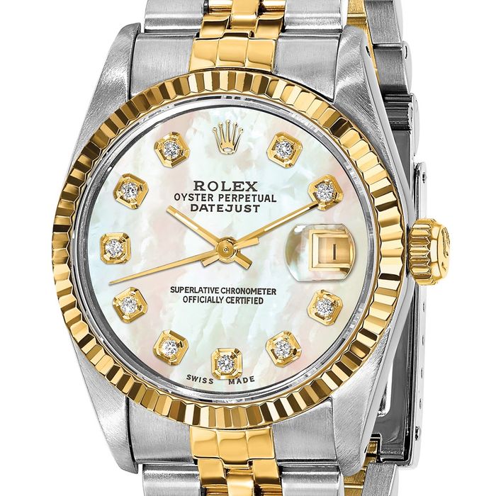 Pre Owned Rolex Steel 18K 31mm Jubilee Datejust Mother of Pearl Diamond Dial Fluted Watch