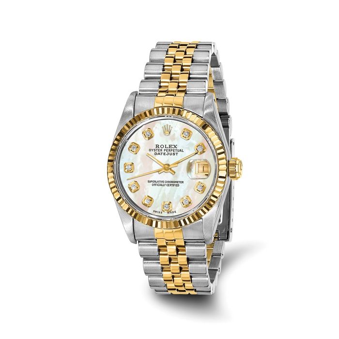 Pre Owned Rolex Steel 18K 31mm Jubilee Datejust Mother of Pearl Diamond Dial Fluted Watch