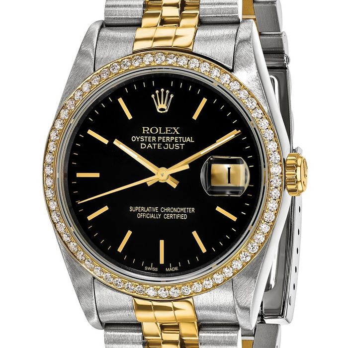 Pre Owned Rolex Steel 18K 36mm Jubilee Datejust Black Dial Diamond Watch