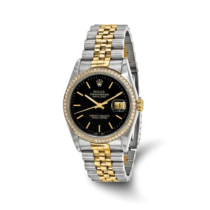 Pre Owned Rolex Steel 18K 36mm Jubilee Datejust Black Dial Diamond Watch