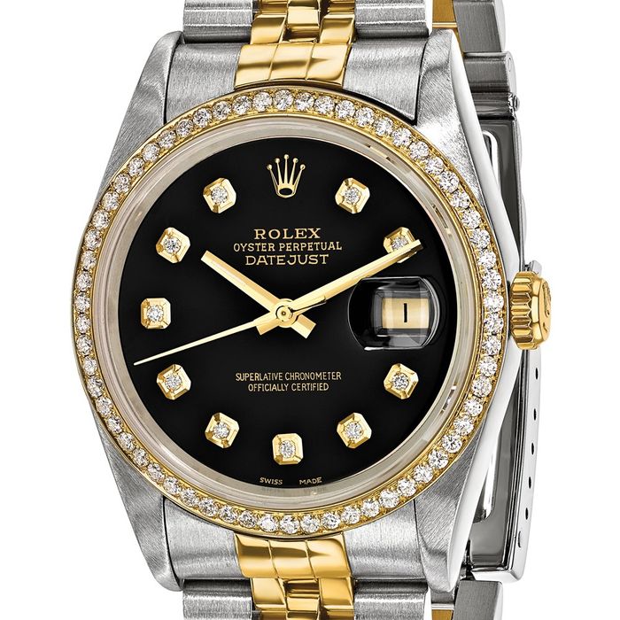 Pre Owned Rolex Steel 18K 36mm Jubilee Datejust Black Diamond Dial Watch