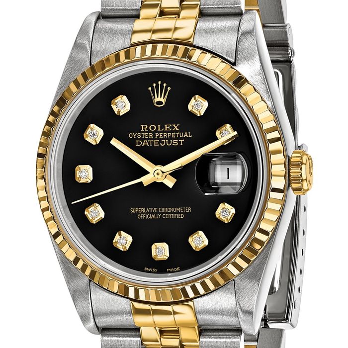 Pre Owned Rolex Steel 18K 36mm Jubilee Datejust Black Diamond Dial Fluted Watch