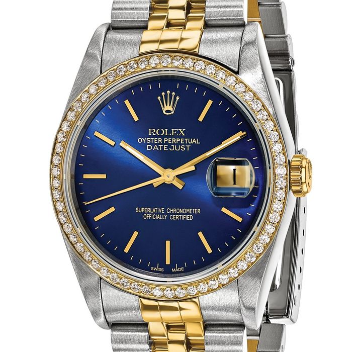 Pre Owned Rolex Steel 18K 36mm Jubilee Datejust Blue Dial Diamond Watch