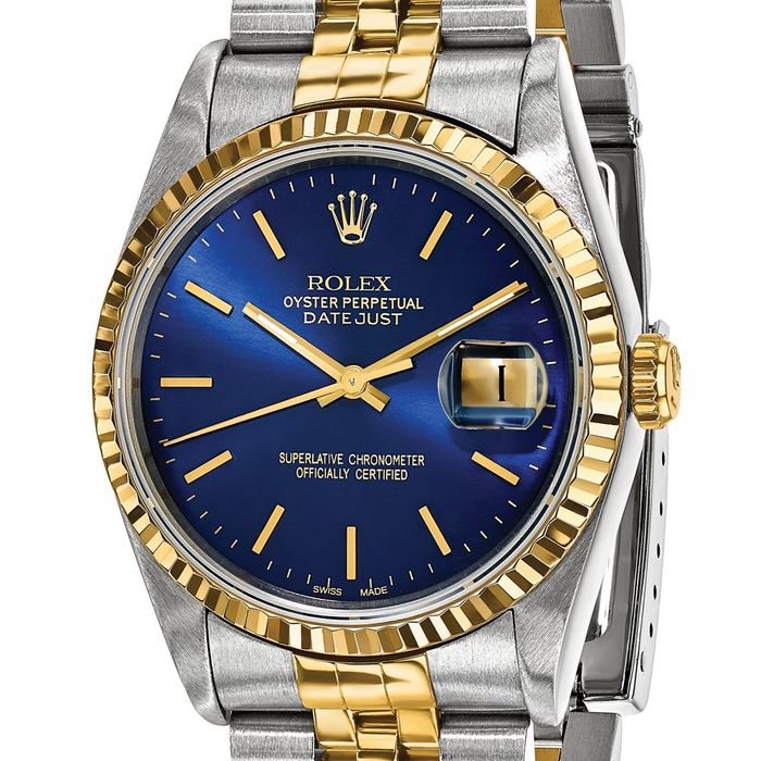 Pre Owned Rolex Steel 18K 36mm Jubilee Datejust Blue Dial Fluted Watch