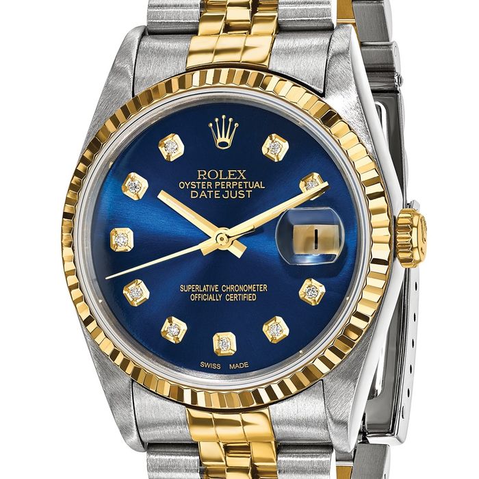 Pre Owned Rolex Steel 18K 36mm Jubilee Datejust Blue Diamond Dial Fluted Watch