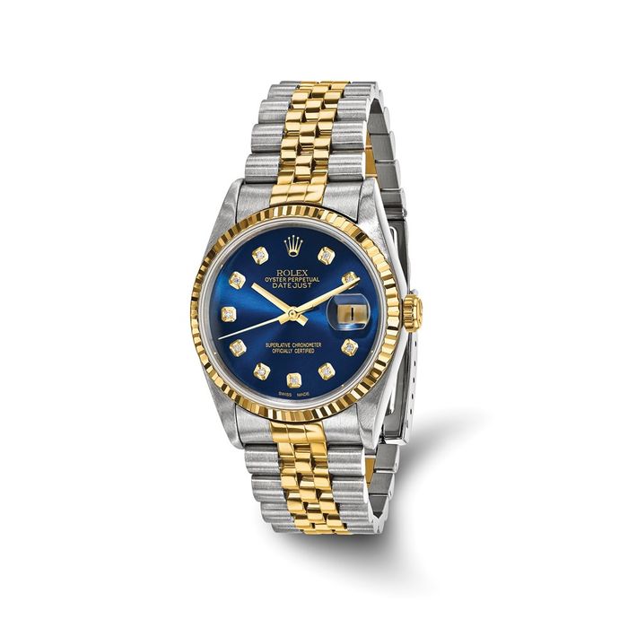 Pre Owned Rolex Steel 18K 36mm Jubilee Datejust Blue Diamond Dial Fluted Watch