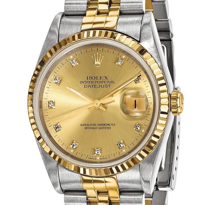 Pre Owned Rolex Steel 18K 36mm Jubilee Datejust Champagne Diamond Dial Fluted Watch