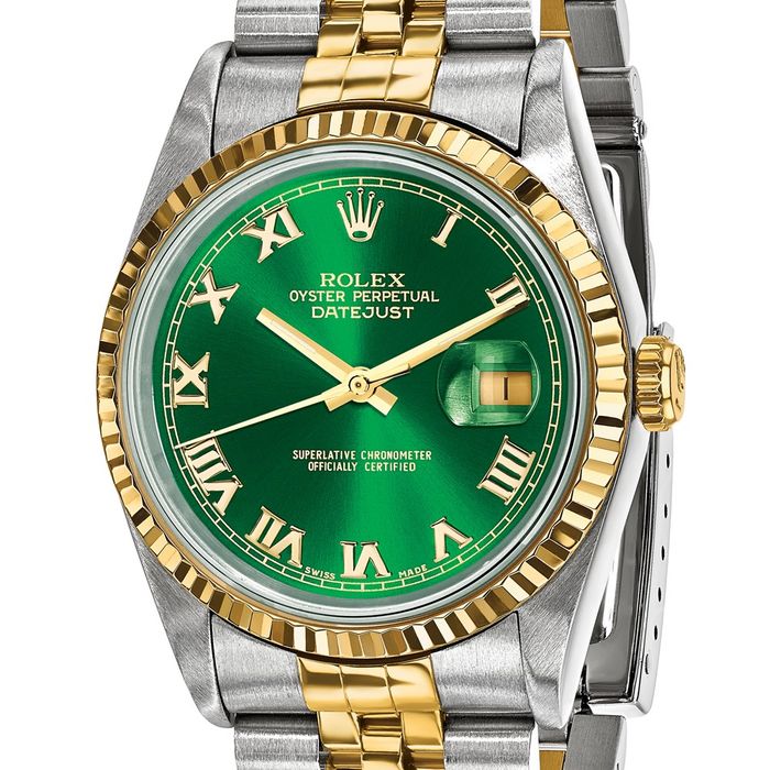 Pre Owned Rolex Steel 18K 36mm Jubilee Datejust Green Dial Fluted Watch