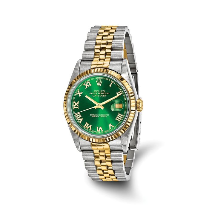 Pre Owned Rolex Steel 18K 36mm Jubilee Datejust Green Dial Fluted Watch