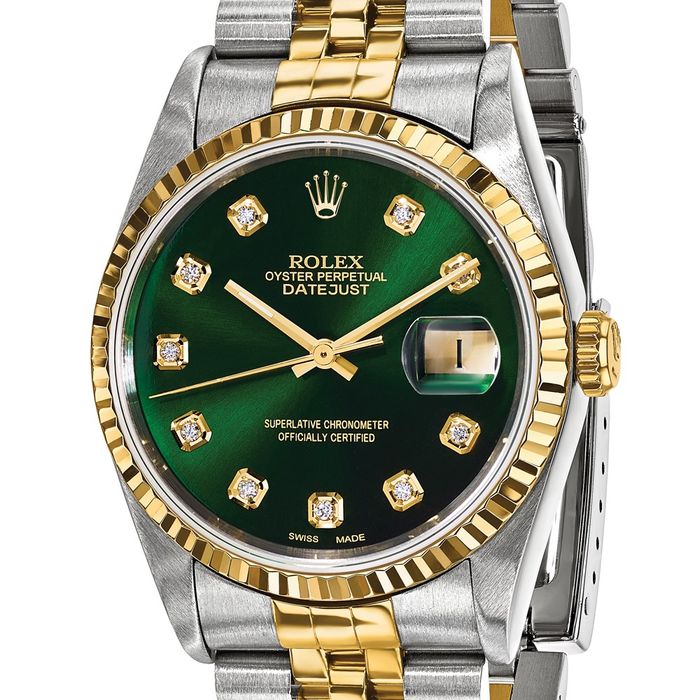 Pre Owned Rolex Steel 18K 36mm Jubilee Datejust Green Diamond Dial Fluted Watch