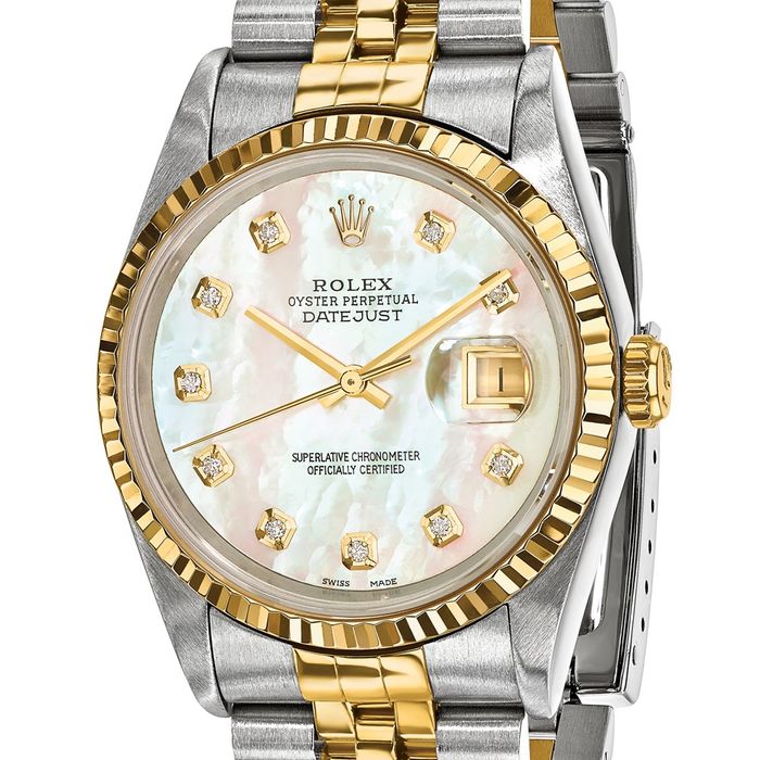 Pre Owned Rolex Steel 18K 36mm Jubilee Datejust Mother of Pearl Diamond Dial Fluted Watch