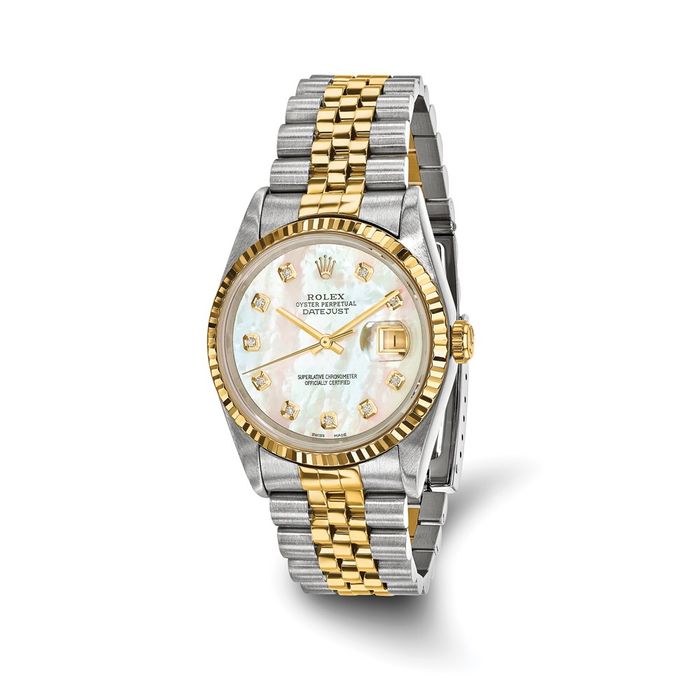 Pre Owned Rolex Steel 18K 36mm Jubilee Datejust Mother of Pearl Diamond Dial Fluted Watch