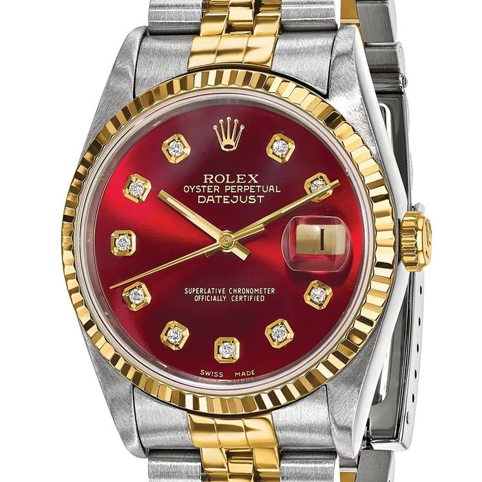 Pre Owned Rolex Steel 18K 36mm Jubilee Datejust Red Diamond Dial Fluted Watch