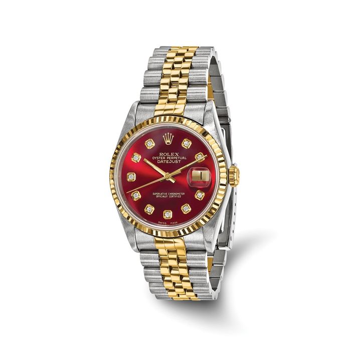 Pre Owned Rolex Steel 18K 36mm Jubilee Datejust Red Diamond Dial Fluted Watch