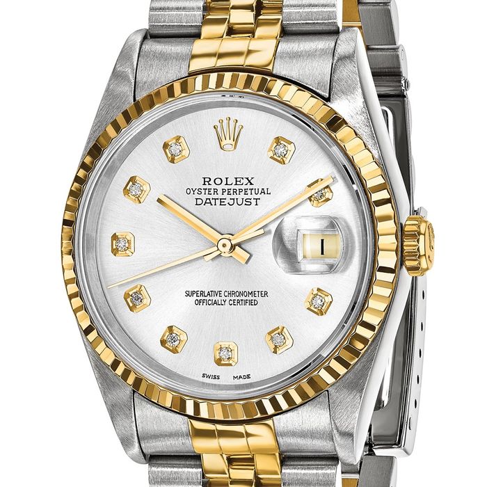 Pre Owned Rolex Steel 18K 36mm Jubilee Datejust Silver Diamond Dial Fluted Watch