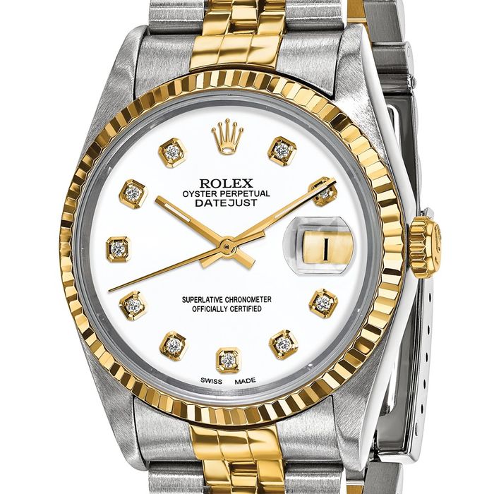 Pre Owned Rolex Steel 18K 36mm Jubilee Datejust White Diamond Dial Fluted Watch