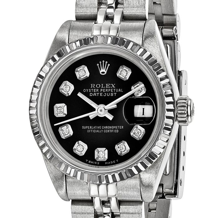 Pre Owned Rolex Steel 26mm Jubilee Datejust Black Diamond Dial 18K Fluted Watch