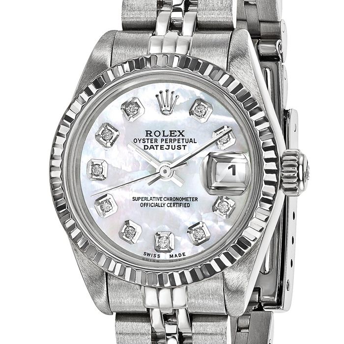 Pre Owned Rolex Steel 26mm Jubilee Datejust Mother of Pearl Diamond Dial 18K Fluted Watch