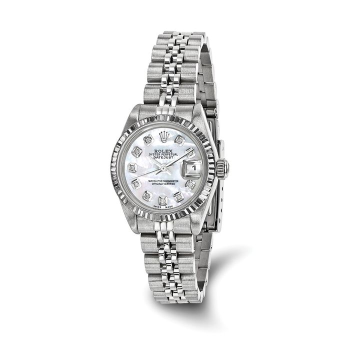 Pre Owned Rolex Steel 26mm Jubilee Datejust Mother of Pearl Diamond Dial 18K Fluted Watch