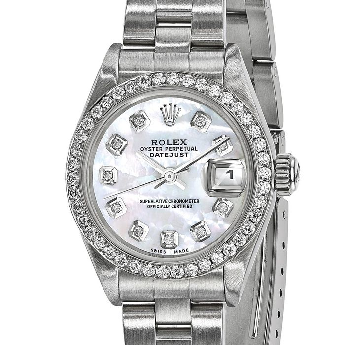 Pre Owned Rolex Steel 26mm Oyster Datejust Mother of Pearl Diamond Dial Watch