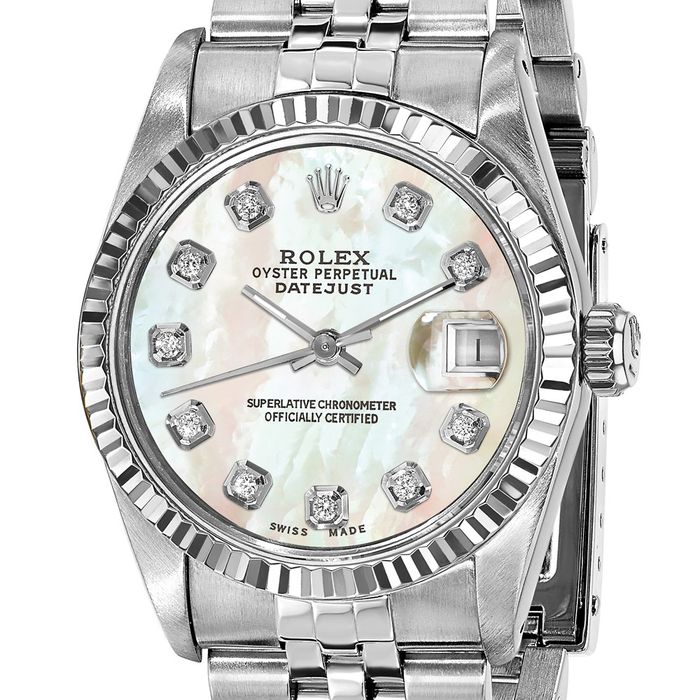 Pre Owned Rolex Steel 31mm Jubilee Datejust Mother of Pearl Diamond Dial 18K Fluted Watch