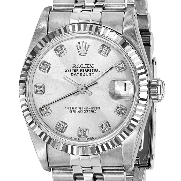 Pre Owned Rolex Steel 31mm Jubilee Datejust Silver Diamond Dial 18K Fluted Watch